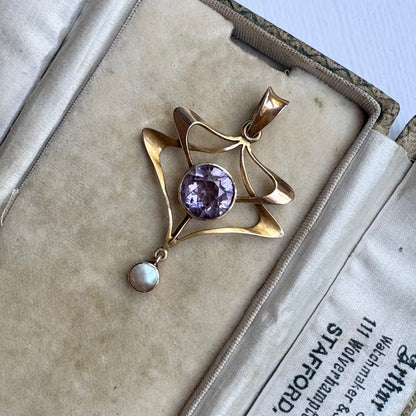 Antique Art Nouveau Gold Amethyst & Mother-of-Pearl Pendant
