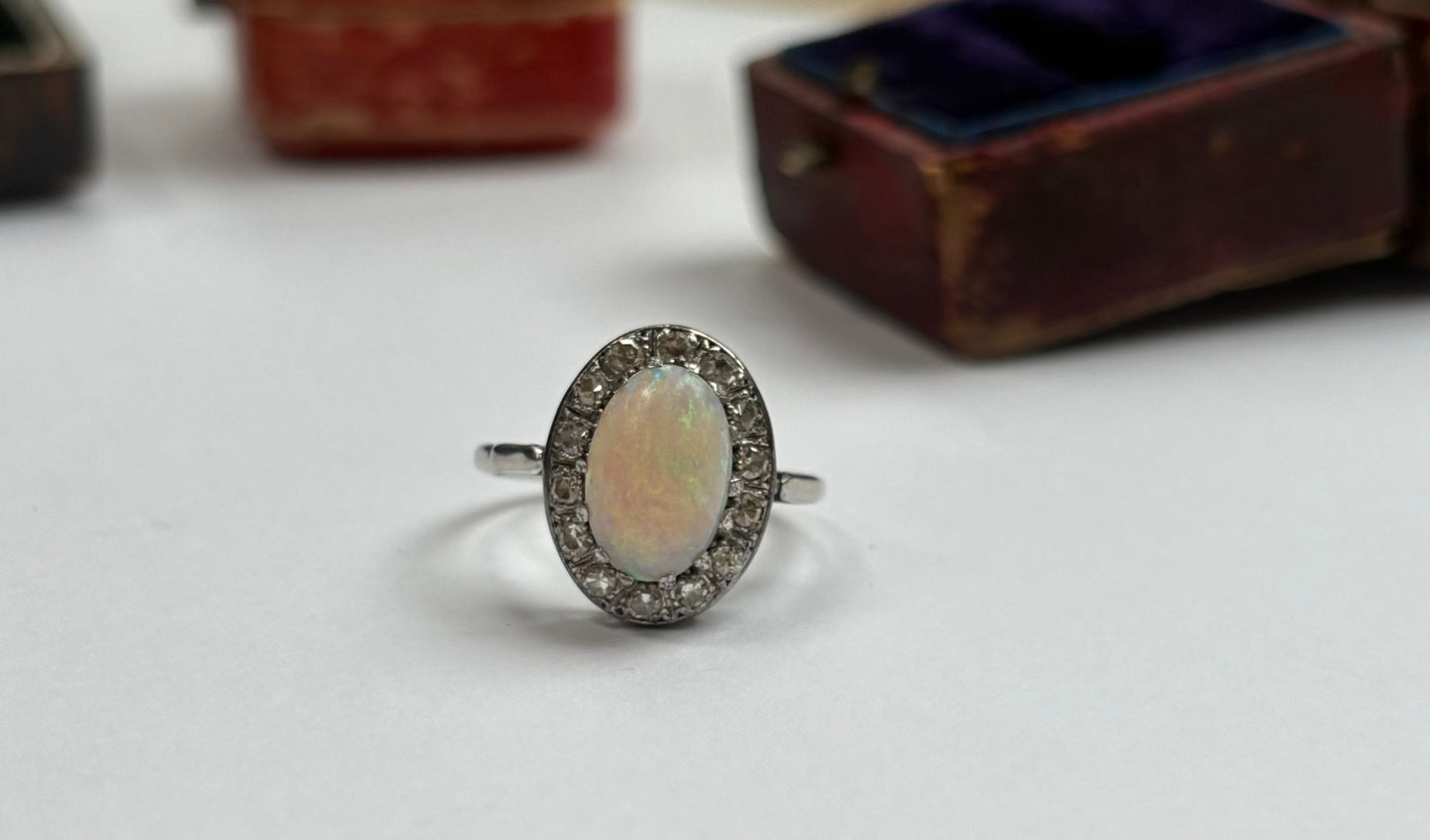 Mid 20th century opal and diamond cluster ring