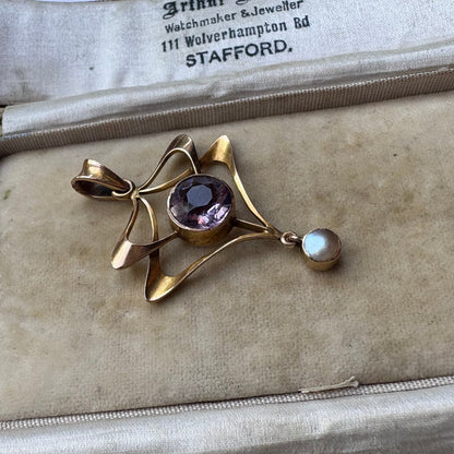 Antique Art Nouveau Gold Amethyst & Mother-of-Pearl Pendant